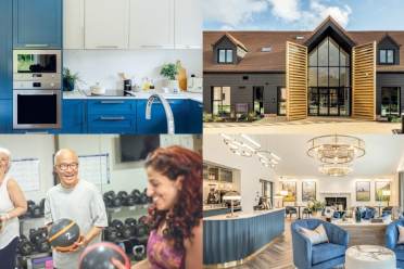 Shiplake Meadows Collage showing a modern kitchen, a building exterior, people exercising in a gym, and a stylish lounge area.