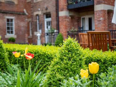 Red and yellow tulips in a red brick courtyard