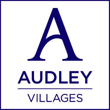 The logo features a large dark blue letter "A" above the word "AUDLEY" in bold, and "VILLAGES" below separated by a horizontal line, all within a dark blue border on a white background.