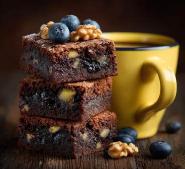 Healthy brownie with blueberries and walnuts