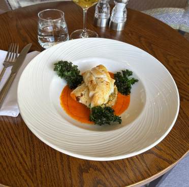 Mediterranean Cod with Red Pepper Sauce, Kale, and Green Lentils