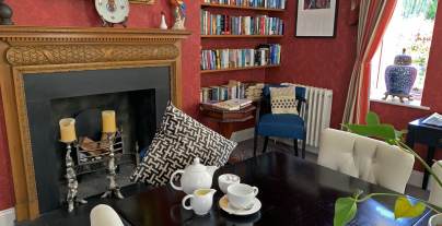 Bookshelves next to fireplace