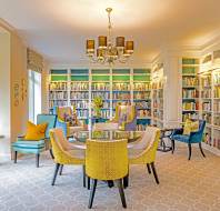 Luxury library in teal and mustard colours