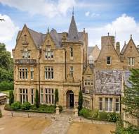 Aerial front view of a Victorian Gothic building