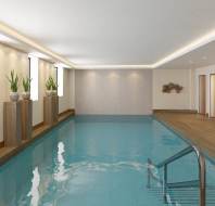 CGI of an indoor swimming pool with wood decking around