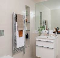 Wash basin, shelves and heated towel rail