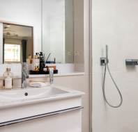 Hand-basin and shower with glass screen