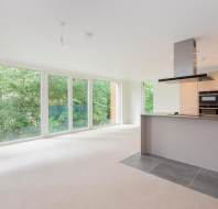 Spacious modern open-plan living area with floor-to-ceiling windows, beige carpet, and a kitchen with built-in appliances and a gray island. Trees visible outside.