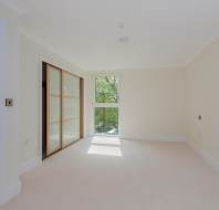 Empty room with cream walls, beige carpet, sliding wardrobe doors, a closed white door, and a large window letting in natural light with greenery visible outside.
