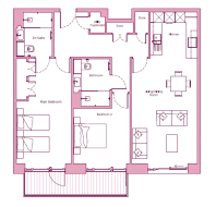 Floor plan of a two-bedroom apartment featuring a main bedroom with en suite, a second bedroom, shared bathroom, kitchen, living/dining room, utility cupboard, store room, and a balcony.