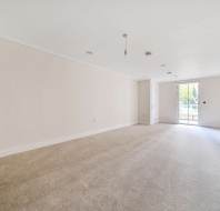 An empty room with beige carpet, white walls, and a ceiling light fixture. A sliding glass door leads to an outdoor area with greenery.