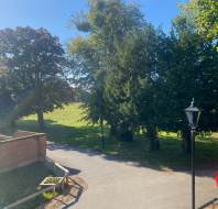 A quiet park with a paved path, surrounded by trees under a clear blue sky. A red car is partly visible on the right, and a brick wall is on the left.