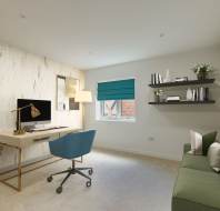 A modern home office with a desk, computer, blue chair, green sofa, and wall art. Shelves hold books and a plant. A window with teal blinds lets in natural light.