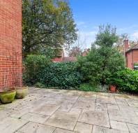 A brick patio with potted plants on the left and shrubs in the background. A house and a parked car are visible under a clear blue sky.