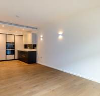 Modern kitchen with white walls, wooden flooring, and built-in appliances, viewed from an adjacent open area with recessed lighting.