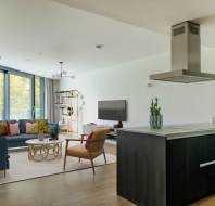Modern open-plan living room and kitchen with a blue sofa, armchair, wall-mounted TV, and a kitchen island. Large windows and light wood flooring are present.