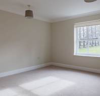Empty room with beige walls, a beige carpet, and a window on the right. A lampshade hangs from the ceiling, and natural light illuminates the space.