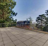 Spacious outdoor terrace with tiled flooring and metal railing, surrounded by tall trees and overlooking distant buildings under a clear blue sky.