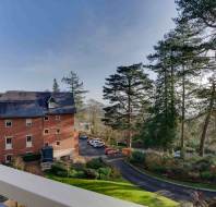 View from a balcony of a red brick building with a sloped roof, surrounded by tall trees and a parking area, under a clear blue sky.