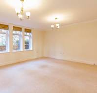 An empty room with beige carpet, cream walls, three windows, and two ceiling lights.