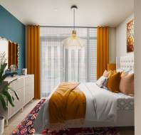 A modern bedroom with a teal accent wall, mustard curtains, and a white bed with orange pillows. A dresser with a mirror is on the left. A large plant is beside the dresser.