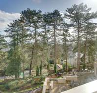 View from a window showing several tall pine trees with a building partially visible on the right and a road on the left under a cloudy sky.