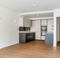 Modern apartment interior with wooden flooring, a small open kitchen featuring built-in appliances, and white walls. A closed wooden door is visible on the right.