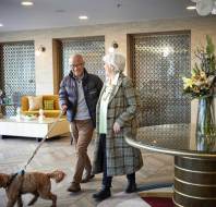 An older couple walks a small dog through a hotel lobby, decorated with a vase of flowers on a round table and patterned glass panels in the background.