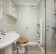 Small bathroom with a white sink, toilet with a wooden seat, wall-mounted cabinet, towel rack, and a shower with tiled walls. Walls are light green.