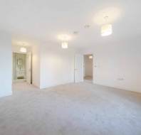 Empty room with cream carpet, white walls, and three ceiling lights. Open doors lead to a bathroom and another room.