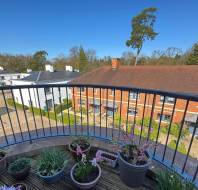 View from a balcony overlooking a residential area with potted plants in the foreground and two-story houses in the background under a clear blue sky.