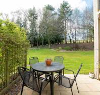 Patio with a round table and four chairs, surrounded by potted plants, overlooking a green lawn and trees in the background.