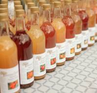 Rows of glass bottles filled with different colored fruit juices are arranged on a checkered tablecloth.