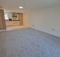 Unfurnished open-plan living space with light grey carpet, white walls, and a modern kitchen area featuring wood and white cabinetry and integrated appliances.