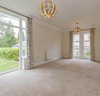 Spacious, unfurnished living room with beige carpet, two modern light fixtures, large windows and glass doors, fireplace on the right, and views of greenery outside.