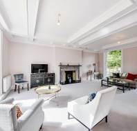 Spacious living room with large windows, light walls, a fireplace, TV, and a mix of modern and classic furniture. Natural light fills the room.