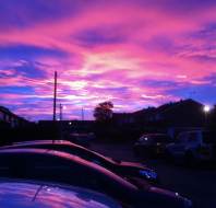 Street scene at sunset with vivid pink, purple, and blue clouds in the sky, cars parked alongside houses, and a tree silhouetted against the horizon.