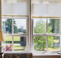 A window with sheer blinds partially drawn reveals a view of green trees and grass outside. Indoors, there is a lamp, a patterned chair, and a small round table.