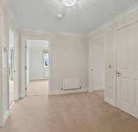 A bright hallway with beige carpet, white walls, and four white doors leading to separate rooms. A ceiling light fixture is visible above.