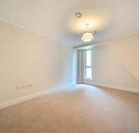 Unfurnished, empty room with beige carpet, cream walls, a ceiling light fixture, and a single window letting in natural light.