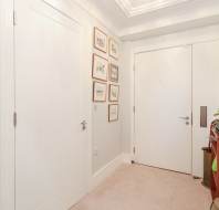 A hallway with a white front door, a white closet door, framed pictures on the wall, beige carpet, and a small wooden cabinet with potted plants.