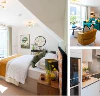 A modern apartment with a bright bedroom, open-plan living and dining area, and a contemporary kitchen with white cabinets and stainless steel appliances.