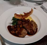 Summer menu - Calves liver with bacon, spinach, mashed potato and baby onion gravy (GF)