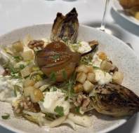 Summer menu - Chargrilled Belgium endive salad with poached pear, blue cheese, walnuts and light Dijon vinaigrette (GF, N, V)