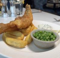 Summer menu - Beer battered haddock & chips with peas and tartare sauce