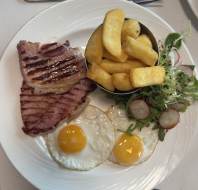 Summer menu - Gammon steak with hens egg and chips