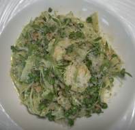 Summer menu - King prawns and smoked salmon linguine with peas, lemon and mascarpone cream (GF*)