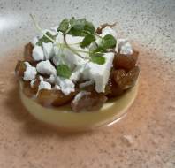 Summer menu - Rhubarb and custard with meringue shards (GF)