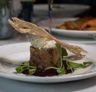 Summer menu - Smoked salmon and beetroot tartare with horseradish cream and a sourdough crisp (GF*, N)