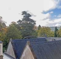 View overlooking slate rooftops toward a dense cluster of autumn trees and a distant hillside.